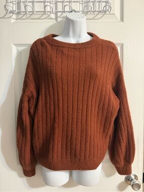 Cozy Oversized Ribbed Crewneck Sweater - Rust